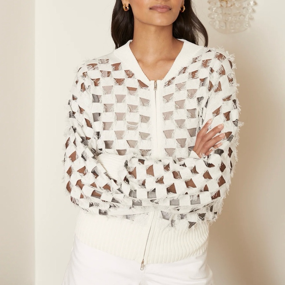 Jovanna London Enna Cardigan Bomber Sweater NWOT S/M Frayed Mesh Chic Full Zip